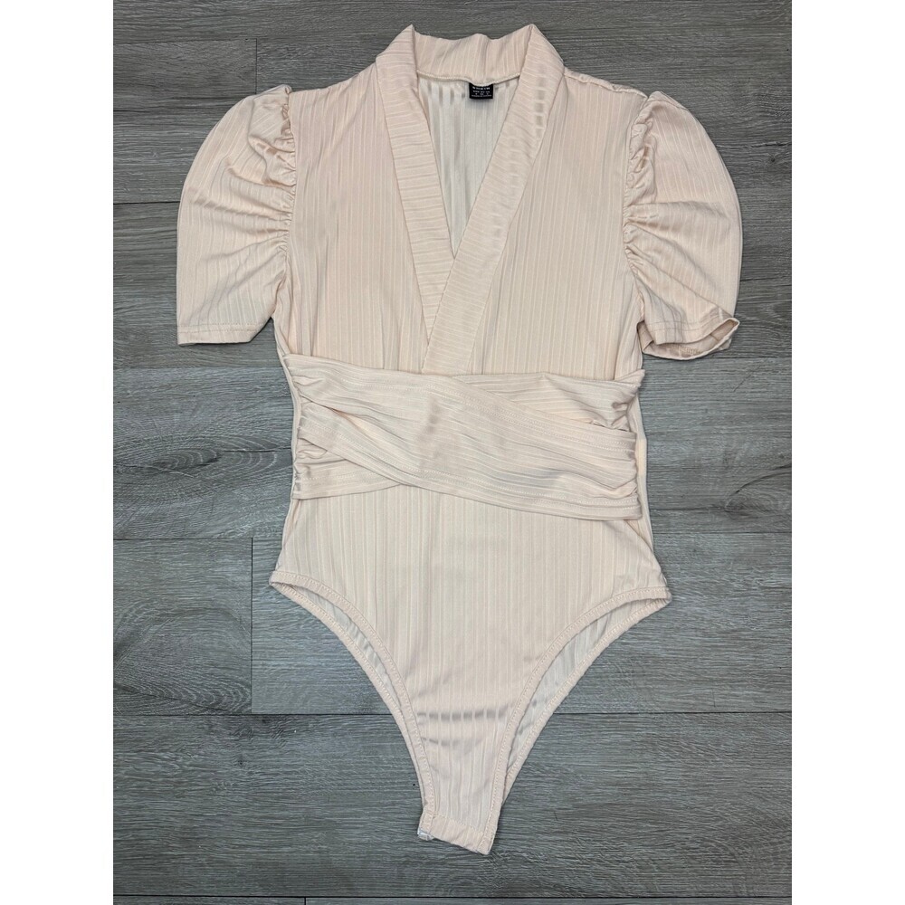 Cream Ribbed Wrap Waist Puff Sleeve Bodysuit S